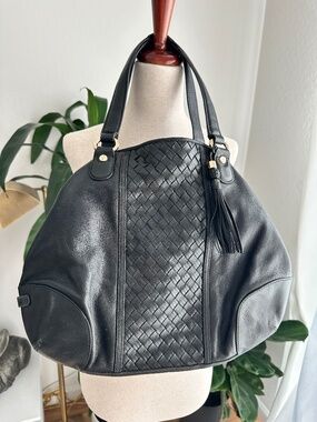 Cole Haan Black Leather Woven Tote Bag Shoulder Bag